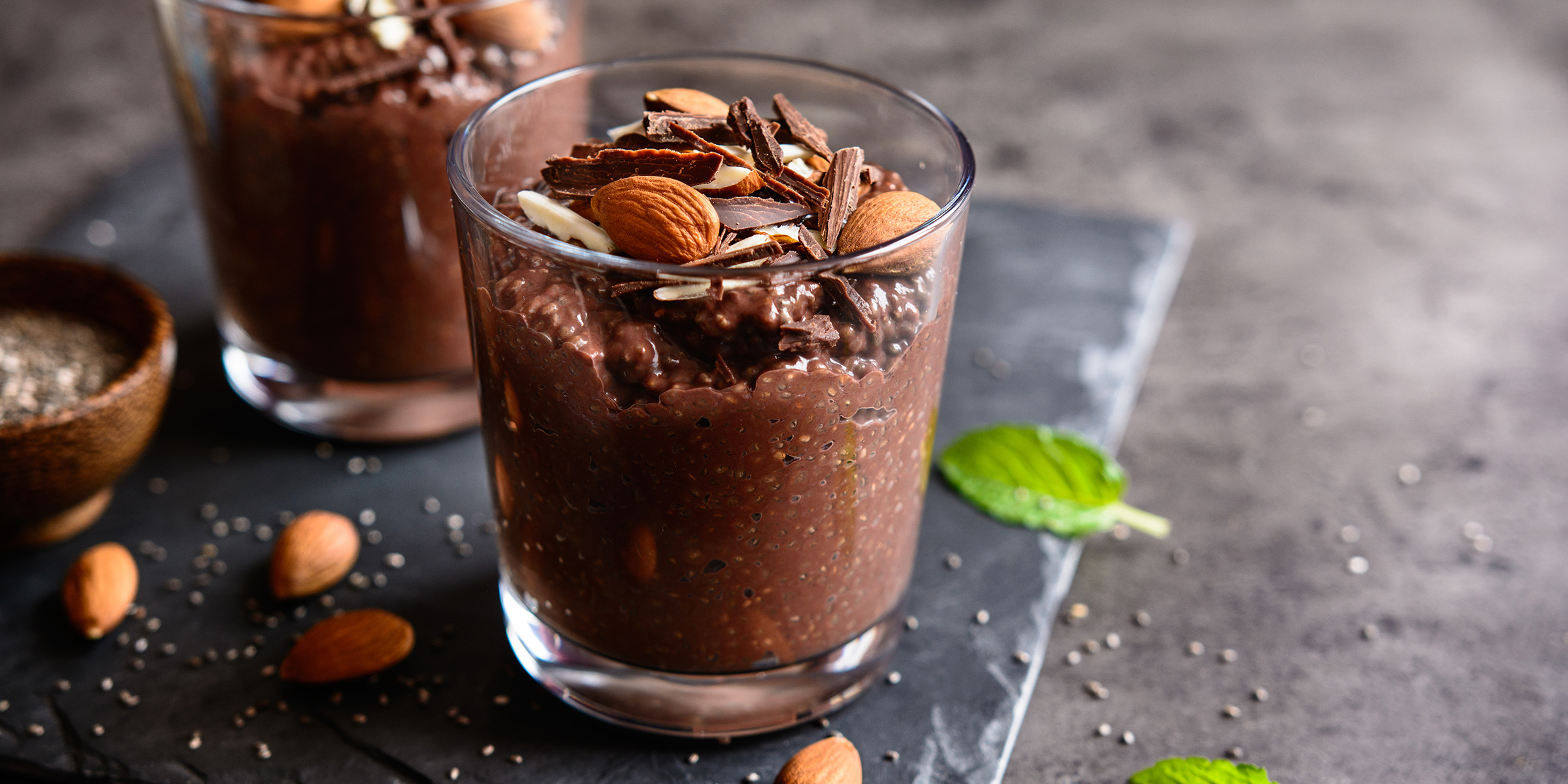 Chocolate protein pudding with chia seeds and almonds | Source: Shutterstock